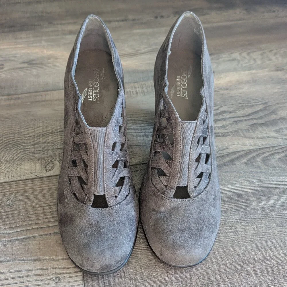 Aerosoles Women's Head Role Gray Faux Suede Pump Heel Booties Shoes Office 11